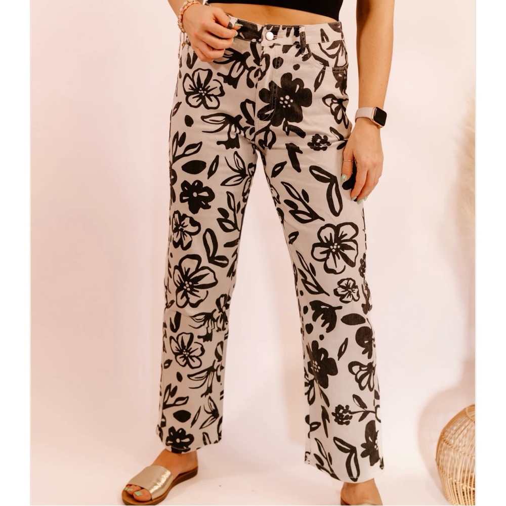 NEW - Washed Floral Black and Cream Denim Pants